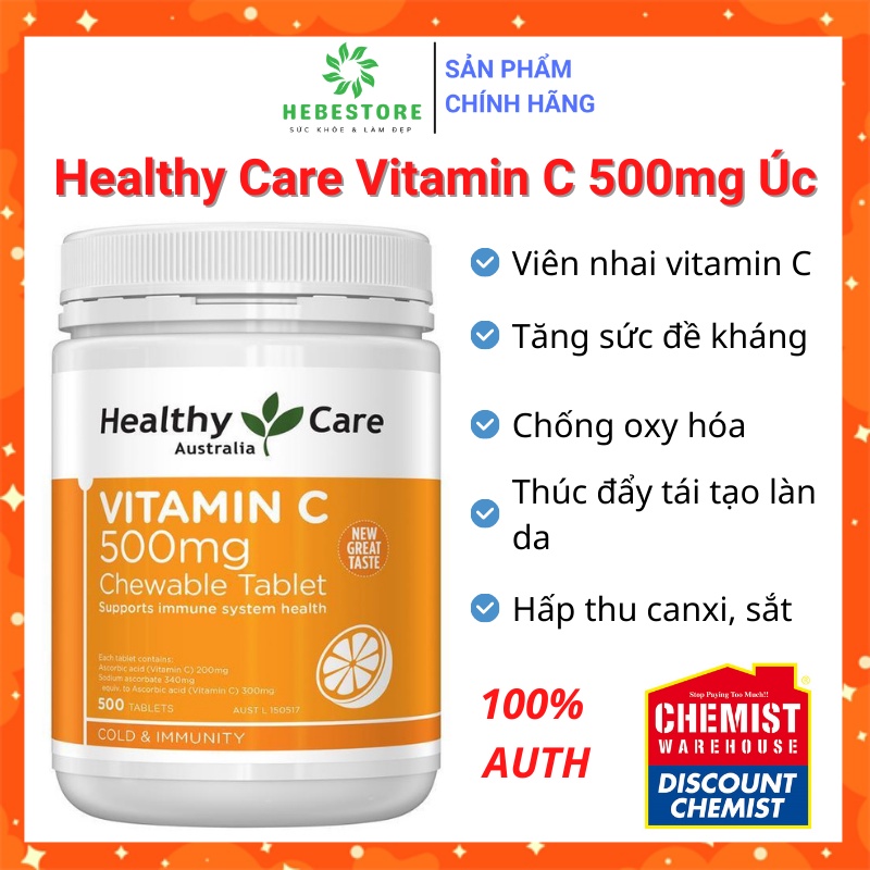 [Hàng chính hãng] Vitamin C Healthy Care 500mg 500 viên Úc, dạng viên nhai tăng cường đề kháng, đẹp da | BigBuy360 - bigbuy360.vn