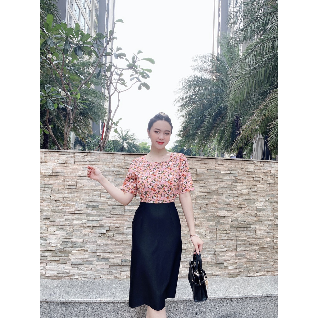 Đầm Công Sở Cô Vuông Hoa Nhí AKARA  K307 Phối Váy Chữ A Phù Hợp Đi Làm Đi Chơi Dự Tiệc | BigBuy360 - bigbuy360.vn