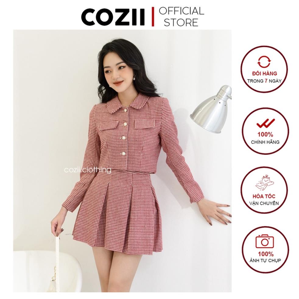 VIP Set Áo Khoác Dạ Tweed Cúc Ngọc Chân Váy Xếp Ly S376