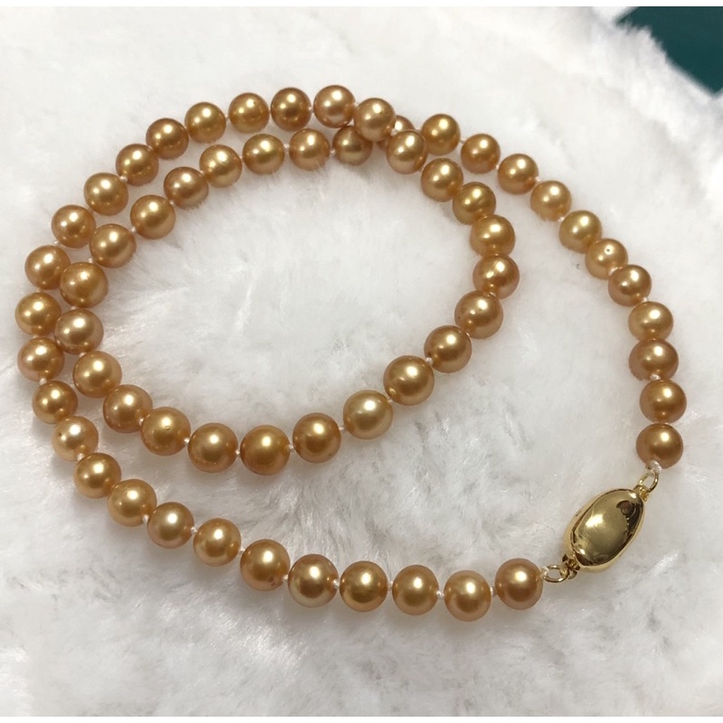 Chuỗi đeo cổ ngọc trai nhân tạo 6-7ly màu vàng đồng tròn đều