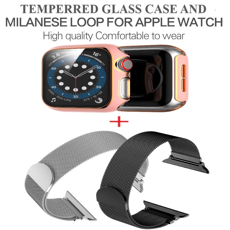 Dây Thép Milanese Apple Watch + Ốp Kính Cường Lực Apple Watch Series 6/5/SE/4/3/2/1 Size 38-40-42-44