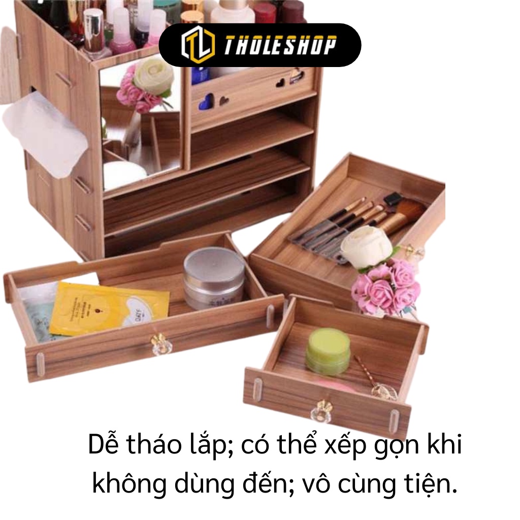 Hộp Đựng Mỹ Phẩm -  Hộp Gỗ Đựng Trang Sức, Đồ Trang Điểm Có Gương Để Bàn 4986