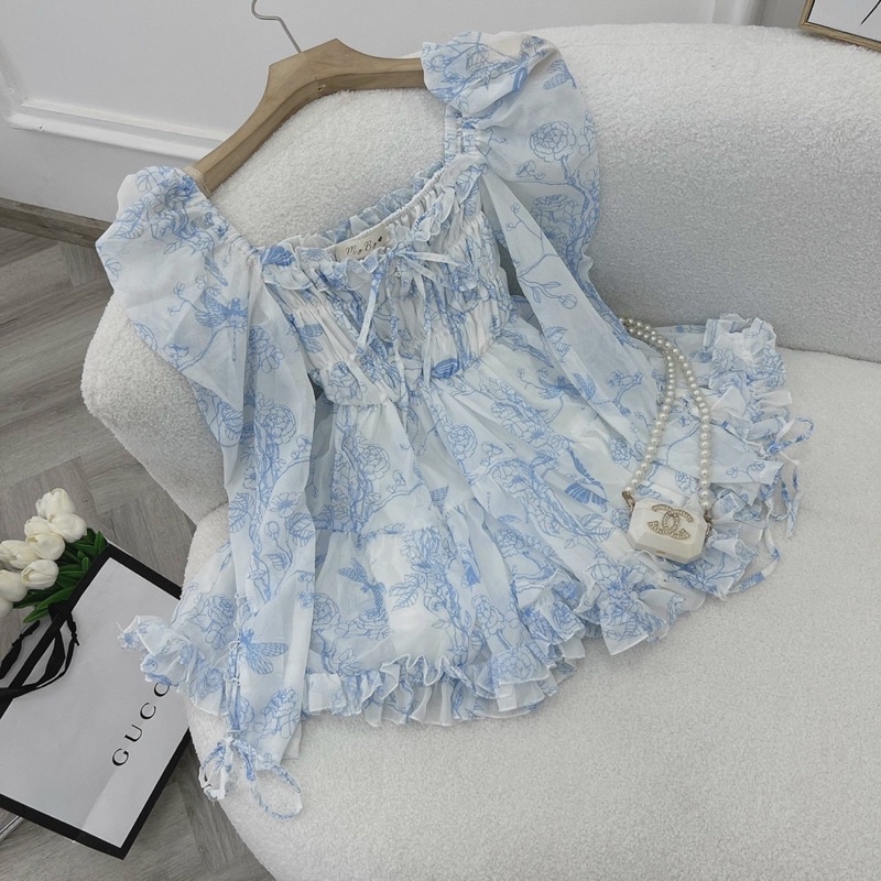 Đầm Hoa Xanh Bo Thun Ngực Thắt Nơ 🦋FREESHIP🦋