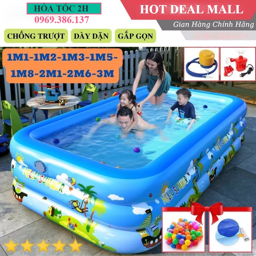 (TẶNG BƠM ĐIỆN+BÓNG+BỘ VÁ) HỒ BƠI cho bé 3 tầng loại 3M, 2M6, 2m1 và 1m8,1M5, Đáy chống trượt dày dặn, thành ca