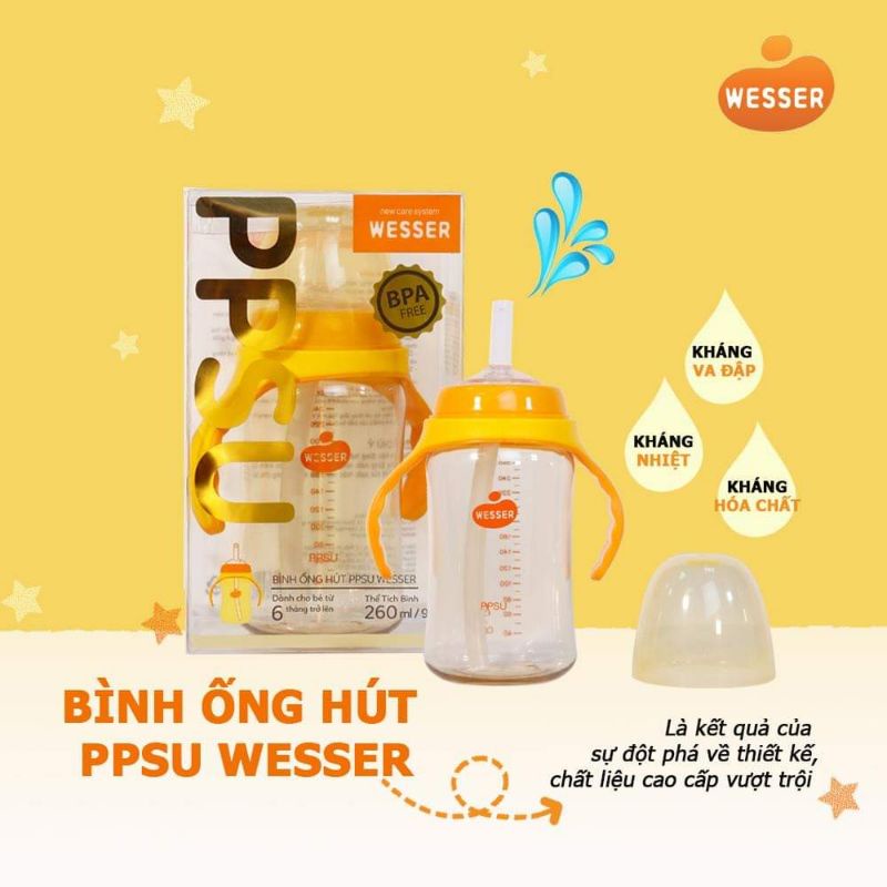 Bình ống hút wesser ppsu cao cấp 260ml 2 chức năng