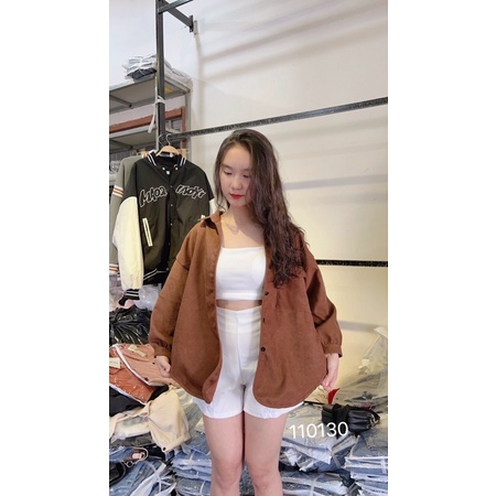 Áo khoác dáng sơmi túi nắp trơn basic tay phồng vạt bầu kaki da lộn unisex ulzzang nam nữ