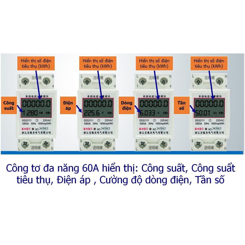 Công tơ điện tử đa năng 60A, đo công suất, điện áp, cường độ dòng điện Công tơ điện tử đa năng 60A, đo công suất, điện á