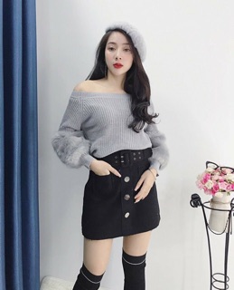Áo len trễ vai tay lông ( kèm ảnh thật )