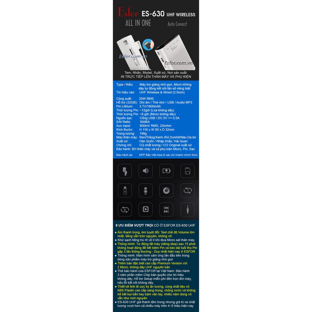 Máy trợ giảng ESFOR ES-630 UHF 1 mic không dây HÀN QUỐC MADE IN KOREA