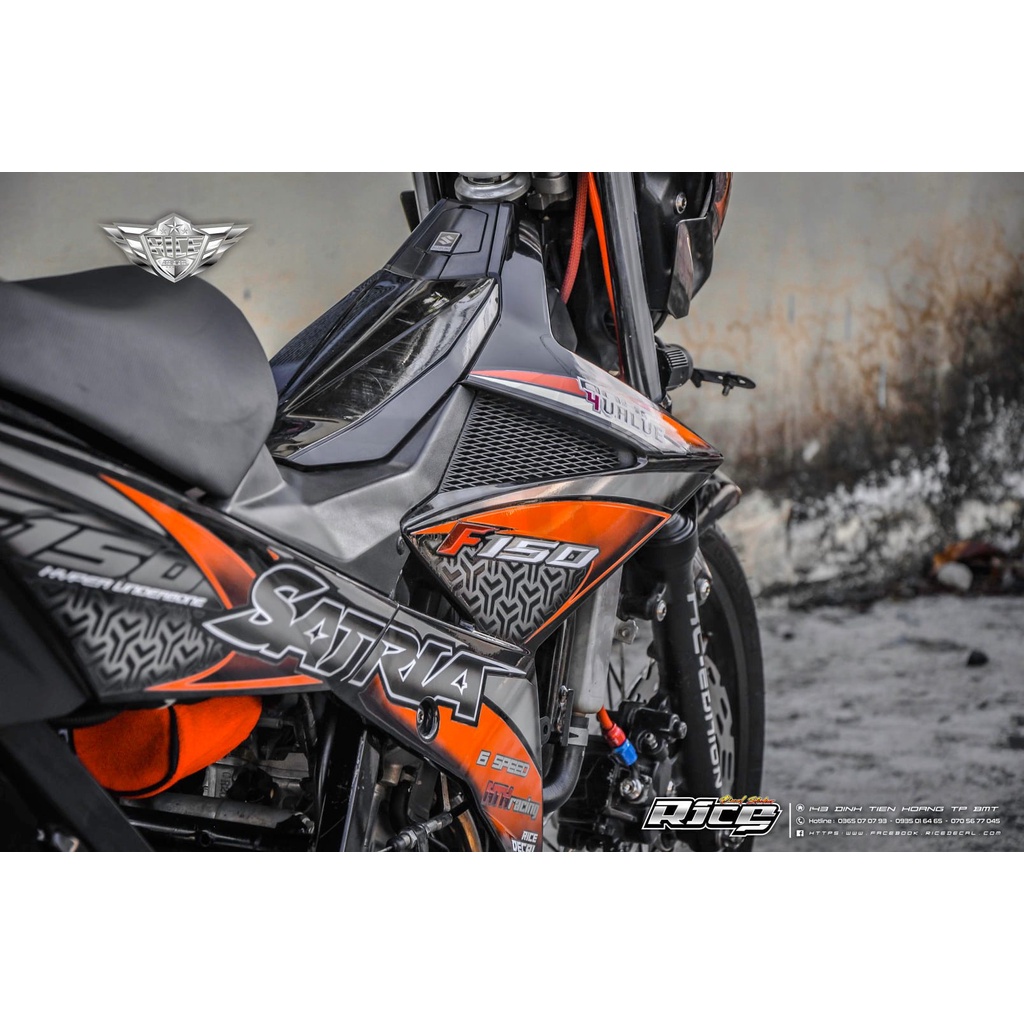 Tem Rời Dán Xe Raider FI Mẫu Hoa Văn Cam Đen Xám Chữ Satria F150 Cực Chất, Hàng 3 Lớp Chất Lượng Cao