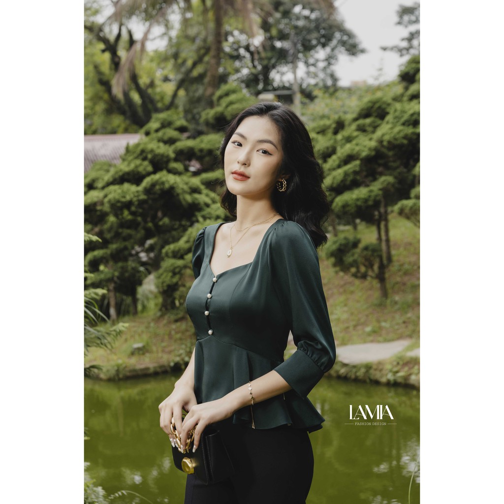 Áo sơ mi nữ peplum màu xanh lam La Mia Design LA072