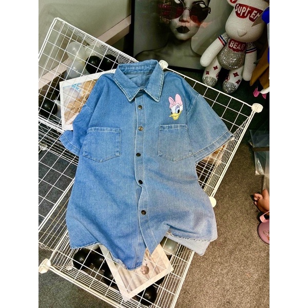 Áo sơ mi jean xanh tay ngắn ulzzang Áo sơ mi jean túi lắp form to Hàn Quốc