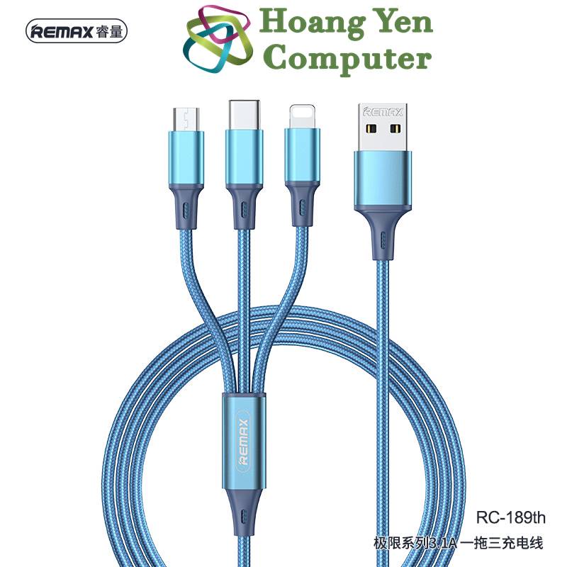 [MẪU MỚI] Cáp Sạc 3 Đầu Remax RC-189TH (IPTablet - MICRO USB - TYPE C) Dây Dù 1.2M - Hoàng Yến Computer