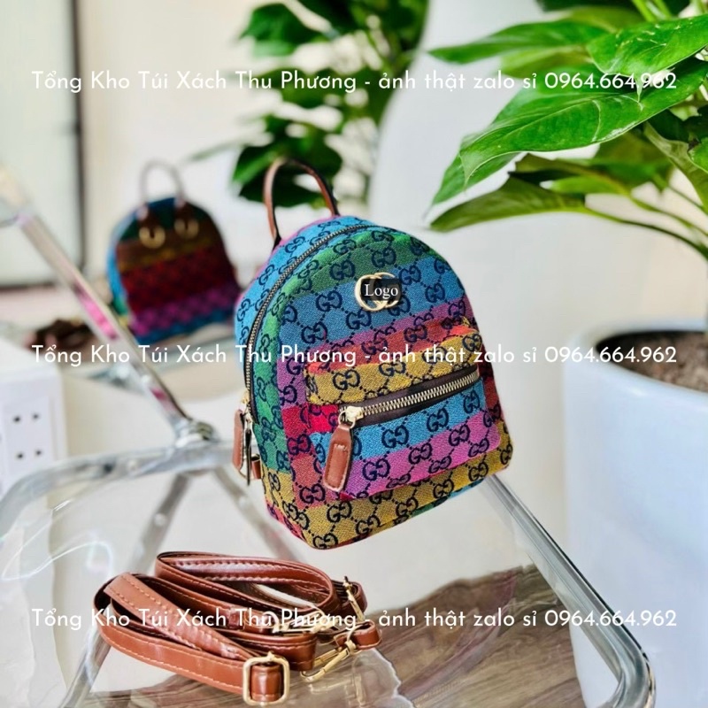 Balo mini nữ, balo phối nhiều màu hoạ tiết chữ g.g siêu xinh size 19 (ảnh thật shop chụp)