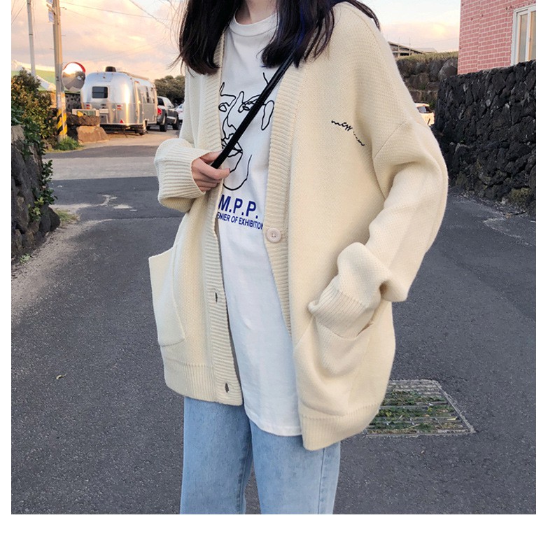 Áo khoác len nữ Cardigan cổ chữ v chữ ngực dáng rộng chất len dày mịn loại 1 - 100