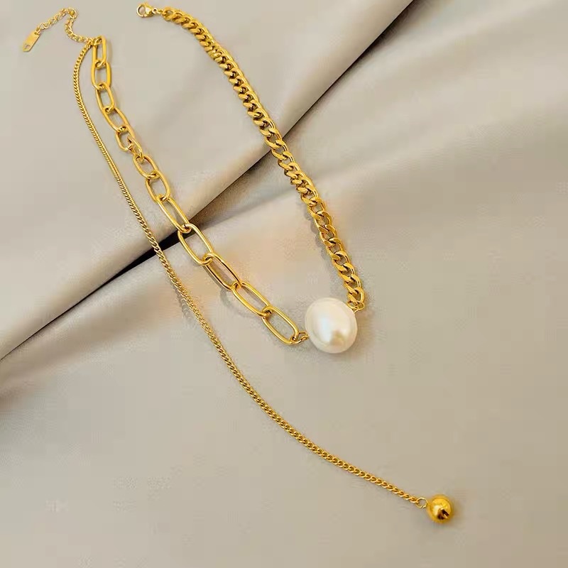 Vòng cổ thép titan hạt ngọc trai thanh lịch thời trang phong cách Hàn Quốc