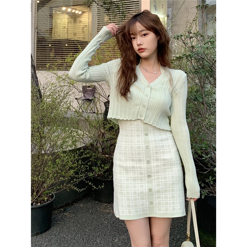 DUNEA Bộ Đầm Dệt Kim Kẻ Sọc + Áo Khoác Cardigan Chống Nắng Thời Trang Cho Nữ