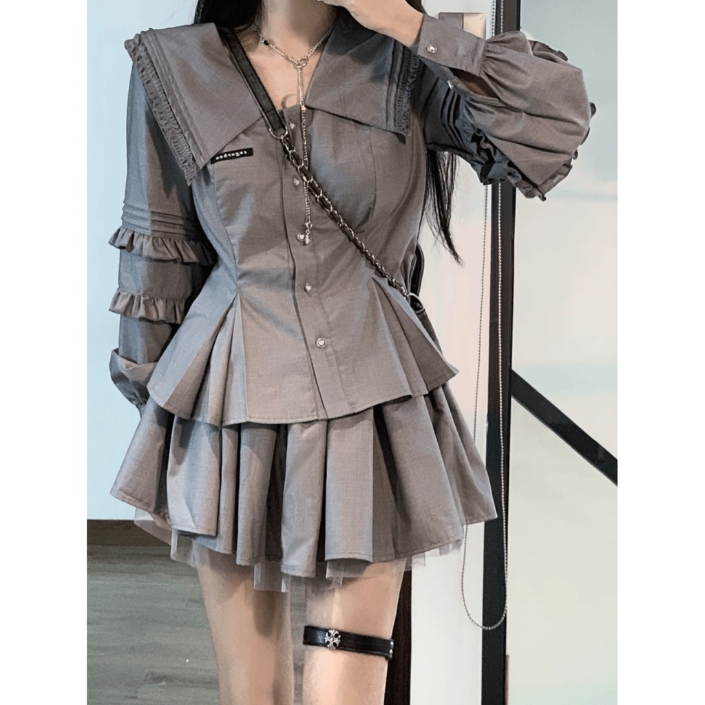 Set Áo Sơ Mi Dài Tay Và Chân Váy Xếp Ly Thời Trang Hàn Quốc Chất Lượng Cao Cho Nữ.áo đồng phục.đồng phục nhật bản.váy xếp ly