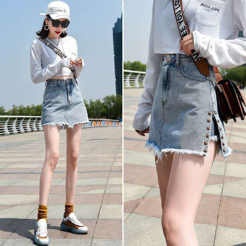 ◐✸✽Váy denim nữ hè 2021 mới ngắn cạp cao một trong hai giả quần culottes siêu hot [đăng ngày 8/3] <