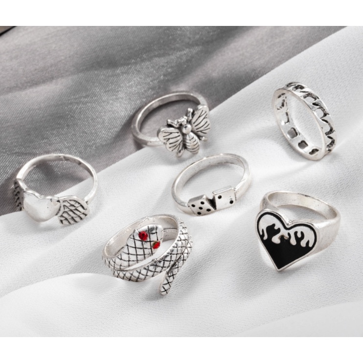 Set 6 nhẫn màu bạc kiểu dáng đa dạng phong cách gothic vintage hip hop cho nam và nữ