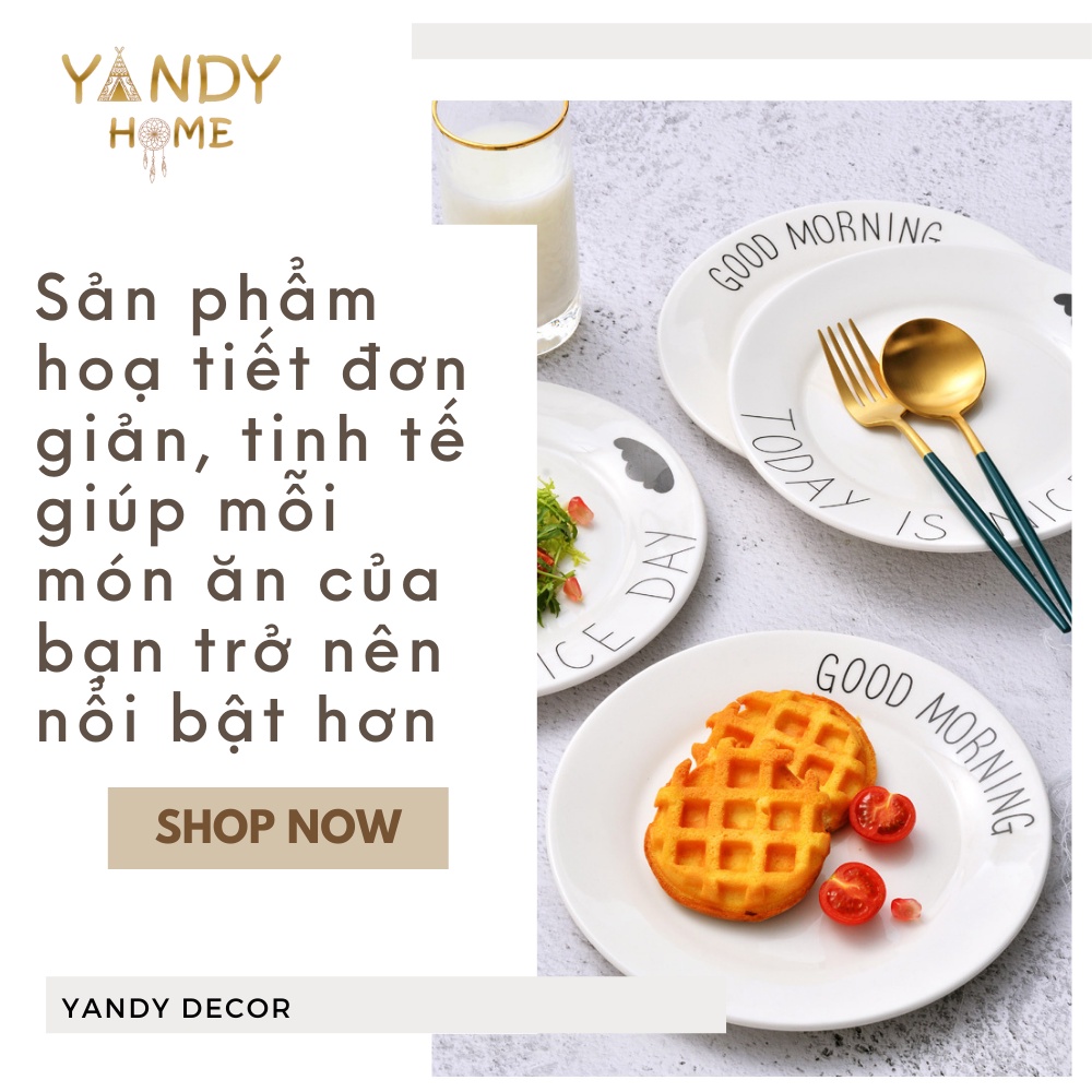 Đĩa gốm sứ YANDY HOME D04 hình tròn dĩa gốm màu trắng chữ cái trái tim men bóng đẹp dùng được trong lò vi sóng