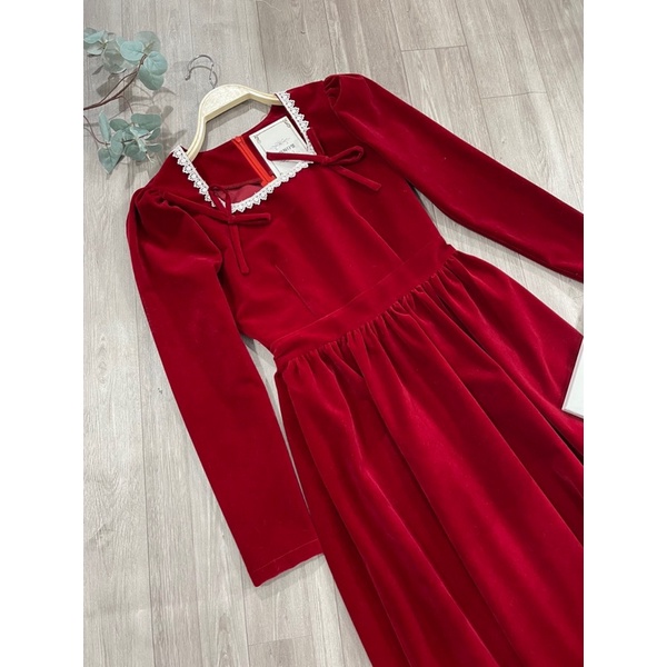 🌻🌻Váy tiểu thư,váy nhung phối ren viền cổ màu đỏ đô | BigBuy360 - bigbuy360.vn
