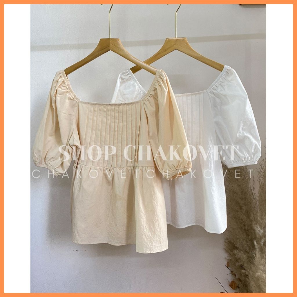 Áo sơ mi nữ tay bồng màu trắng be A856, kiểu áo nữ cộc tay cổ vuông xếp ly ngực, dáng áo babydoll đẹp trẻ trung cá tính