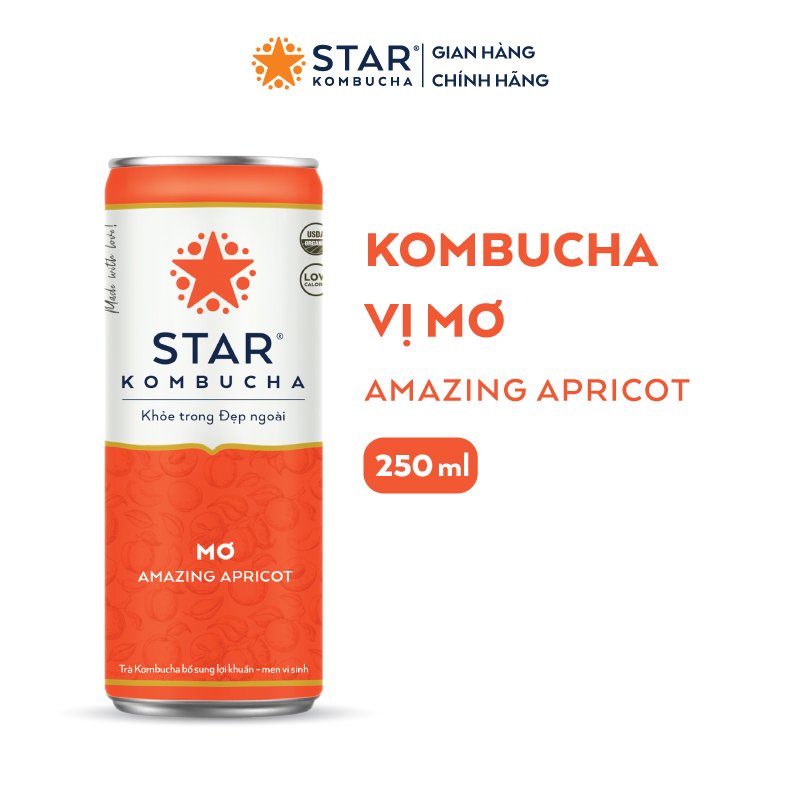 Thùng 12 lon STAR KOMBUCHA Mơ / Amazing Apricot (250ml/lon) - Trà lên men vi sinh chứa probiotics bảo vệ sức khoẻ