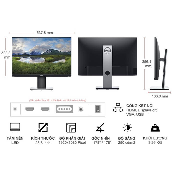 Màn hình Máy Tính Dell P2419H (23.8 inch/FHD/LED/IPS/DP+HDMI+VGA/250cd/m²/60Hz/8ms)- Chuyên thiết kế đồ họa Giá rẻ