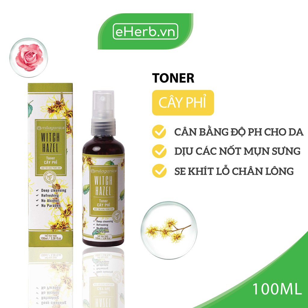 Toner Nước Hoa Hồng Thiên Nhiên Cấp Ẩm Dịu Nhẹ: Tràm Trà, Cây Phỉ, Hoa Hồng, Nha Đam MILAGANICS 100ml (Chai)
