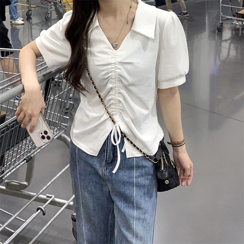 Áo Thun Tay Phồng Ngắn Cổ Chữ V Dáng Rộng Phối Dây Rút Thời Trang Mùa Hè Cho Nữ