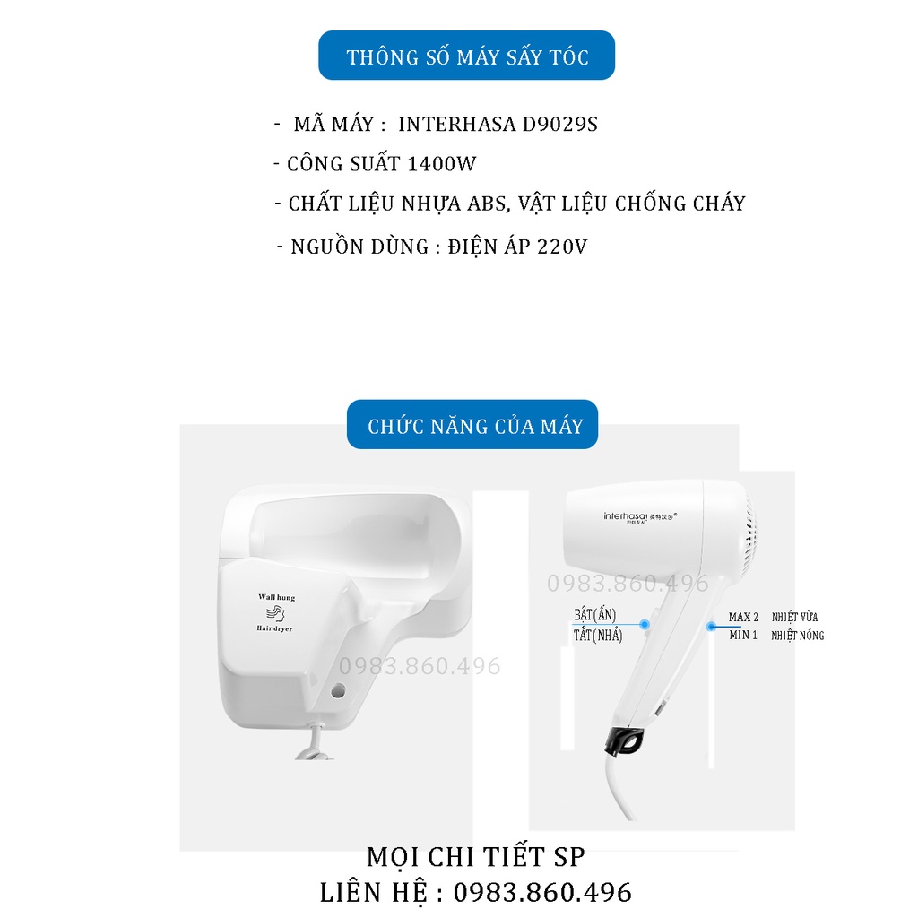 Máy Sấy Tóc Treo Tường Khách Sạn, Nhà Nghỉ INTERHASA , Máy Sấy Tóc Gắn Tường