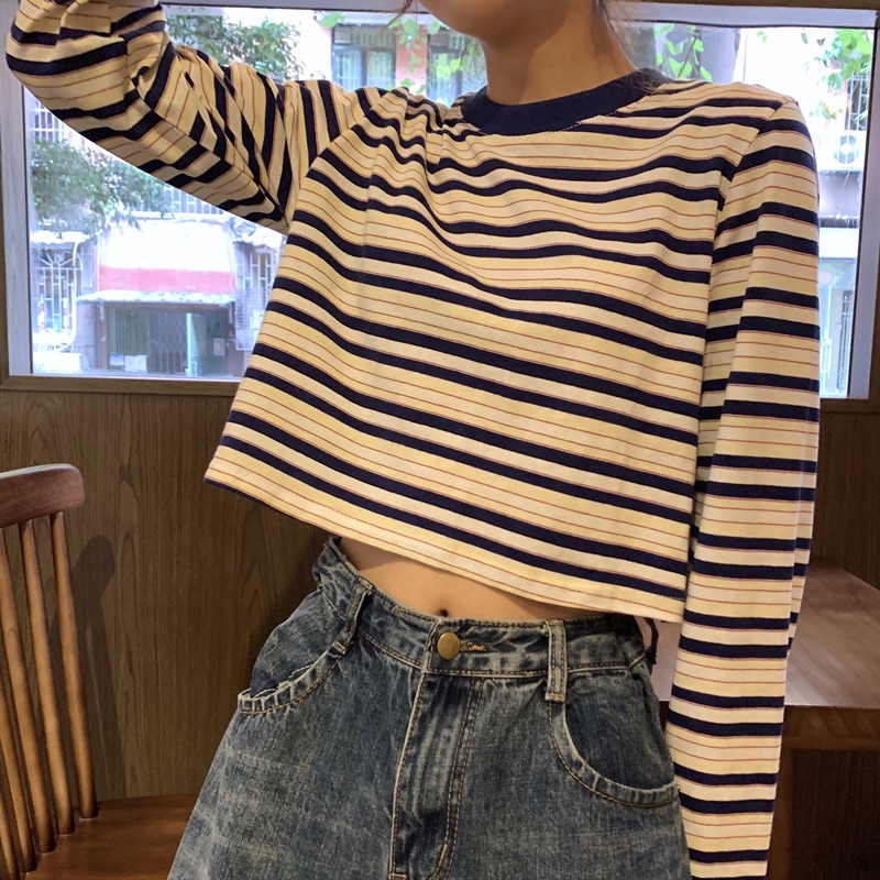 2020 new small retro hot girl short stripe T-shirt long sleeve top bottom