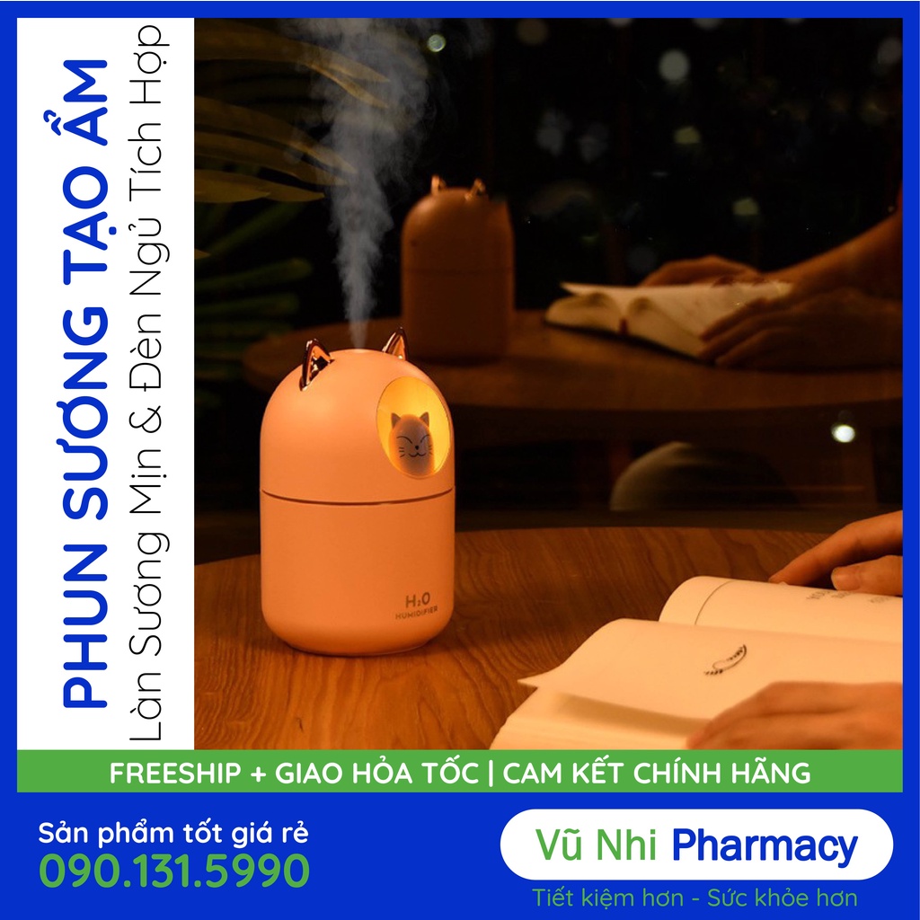 Máy xông tinh dầu phun sương có LED hình mèo 300ml