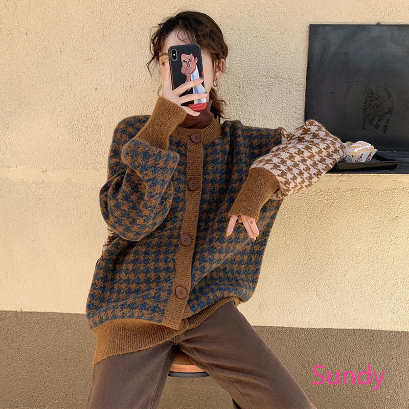 Áo khoác cardigan dệt kim dáng rộng phong cách retro Hàn Quốc thời trang cho nữ
