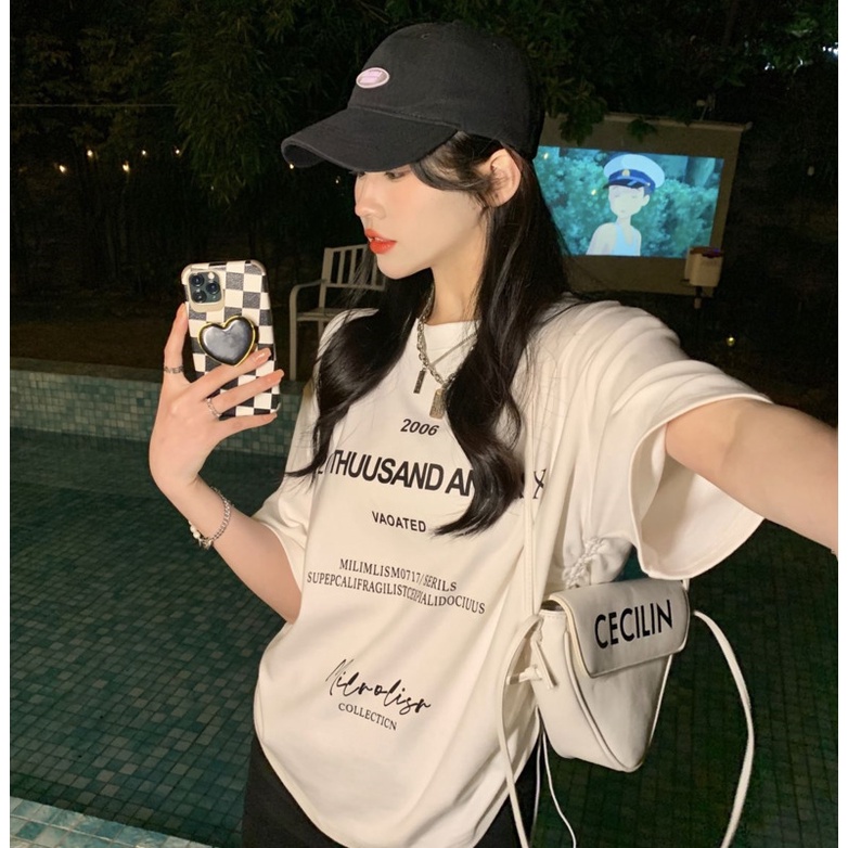 Áo Thun Tay Ngắn In Chữ Phối Dây Rút Thời Trang Cá Tính