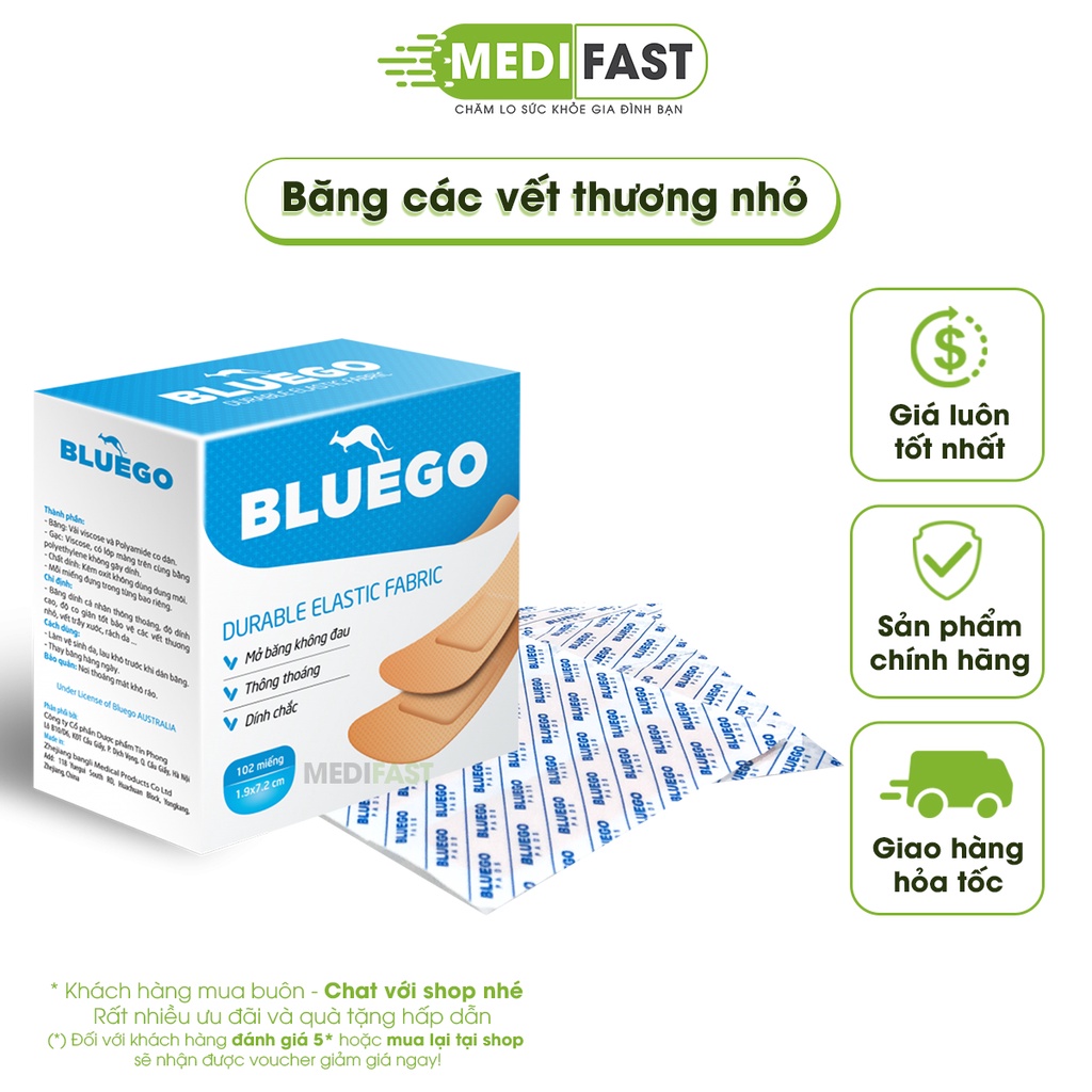 Băng vết thương cá nhân Bluego - Băng y tế tiện dụng, sơ cứu vết thương nhỏ đứt tay, trầy xước, mụn nhọt, rách da