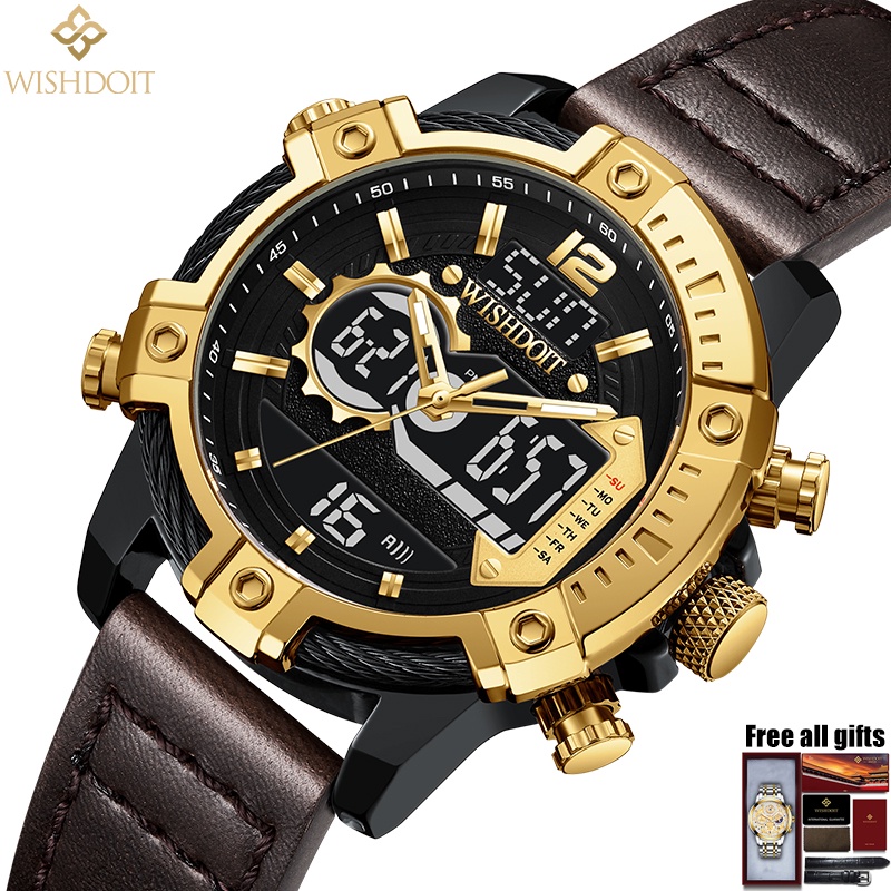 WISHDOIT Đồng hồ Quartz LED Dual Display chống thấm nước với dây đeo da WSD-6610-A
