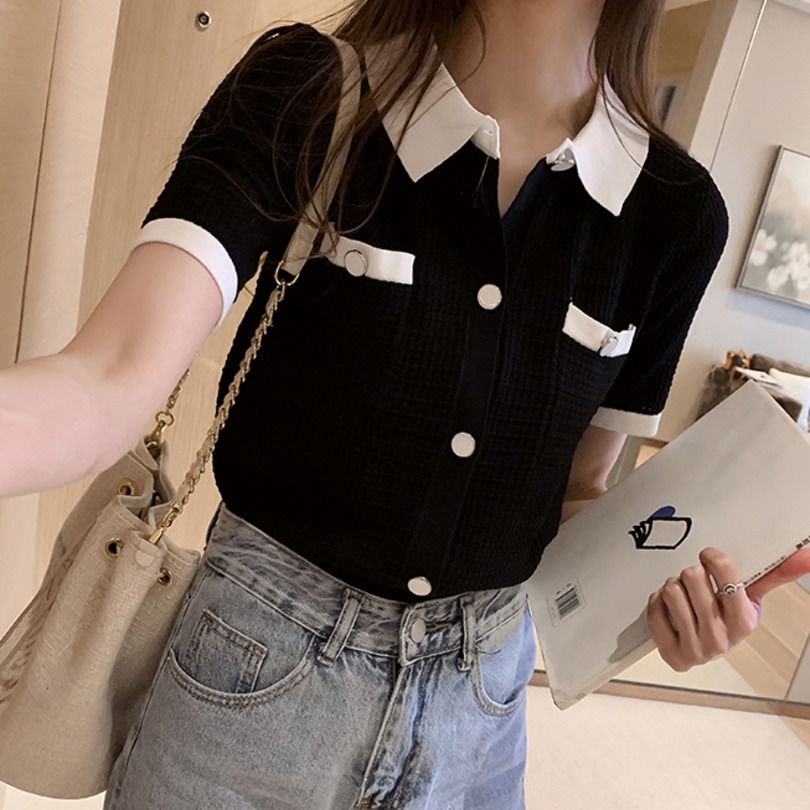 Áo Sơ Mi Lụa Dệt Kim Tay Lửng Dáng Rộng Màu Sắc Tương Phản Thời Trang Mùa Hè Dành Cho Nữ