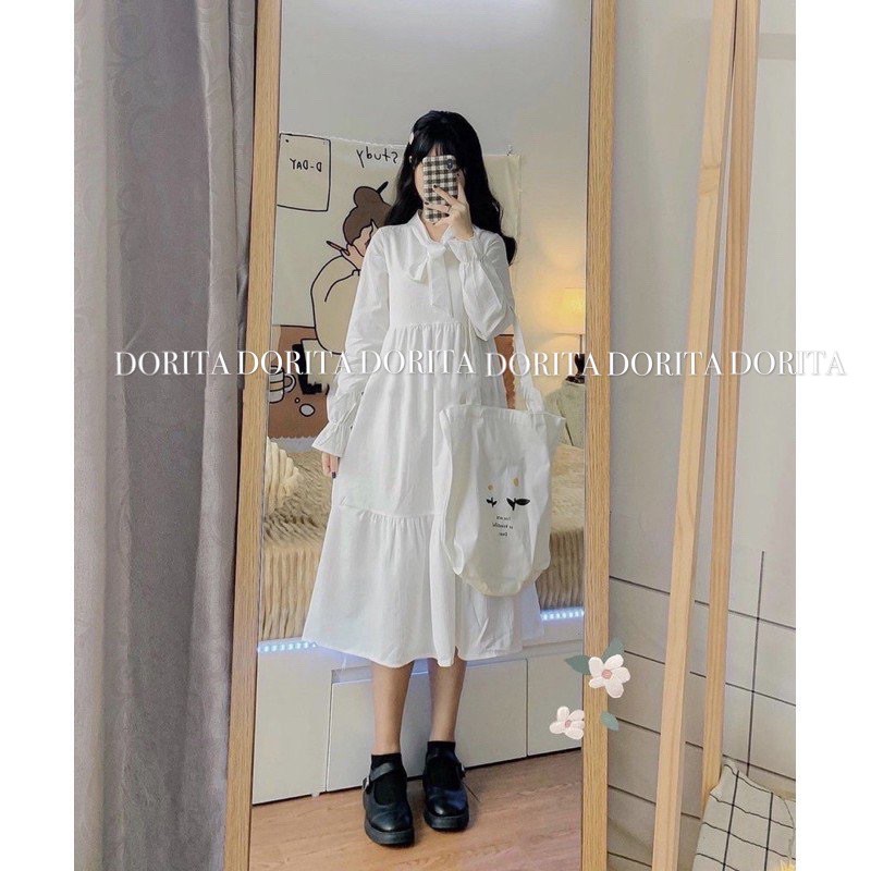 Váy trắng dài cổ nơ, Váy đũi trắng cổ nơ dáng dài phong cách Hàn Quốc | BigBuy360 - bigbuy360.vn