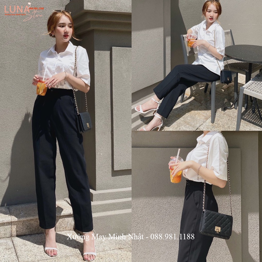 Quần vải nữ công sở dáng baggy cạp cao có đai khóa trước - Quần tây nữ lưng cao đi học ống đứng dài chất tuyết mưa mềm