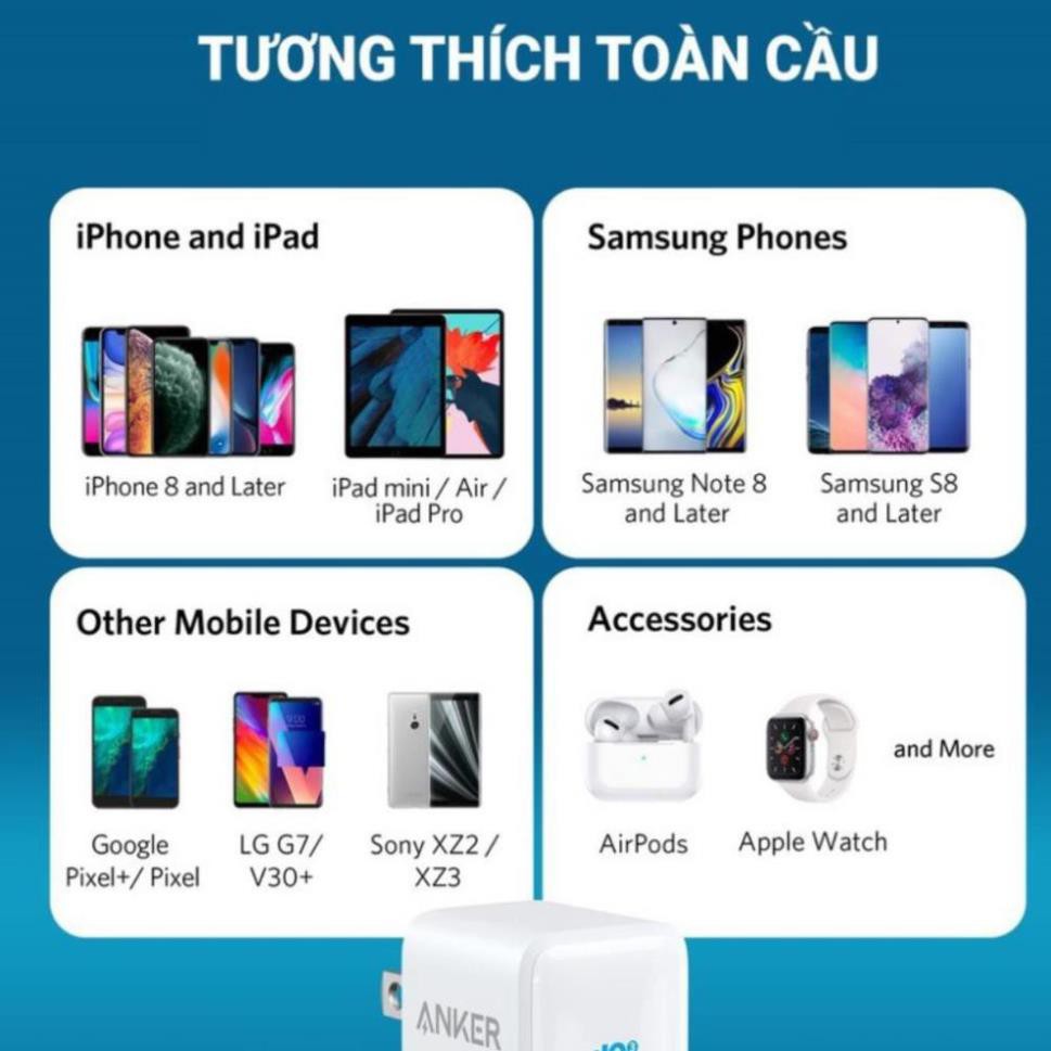 [Hàng chính hãng]CỦ SẠC NHANH IPHONE 12 Anker 20w Nano 1 cổng USB-C 3.0 cho Samsung IPad IPhone 8Plus X XS XR 11 1