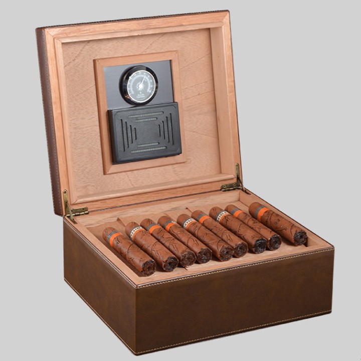 Tủ xì gà mini bọc da màu nâu cao cấp - Hộp đựng cigar bảo quản và giữ ẩm xì gà có đồng hồ đo độ ẩm làm quà biếu tặng sếp