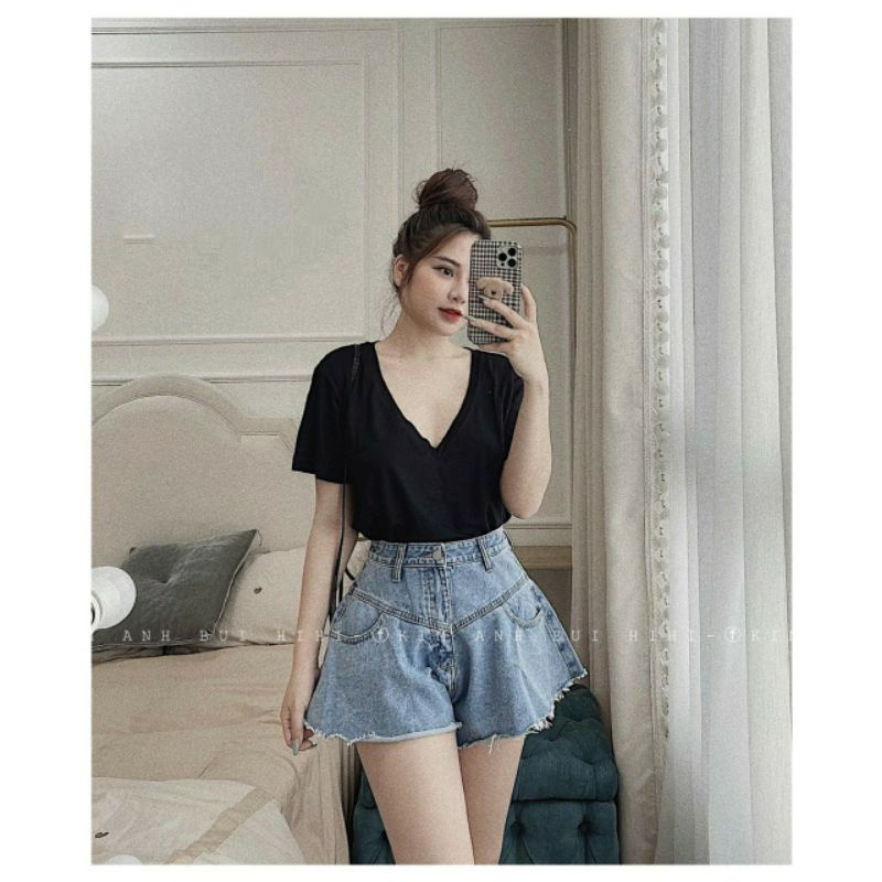Quần bò nữ Gamyy quần short jeans dáng xoè chữ A khuy cài nữ tính
