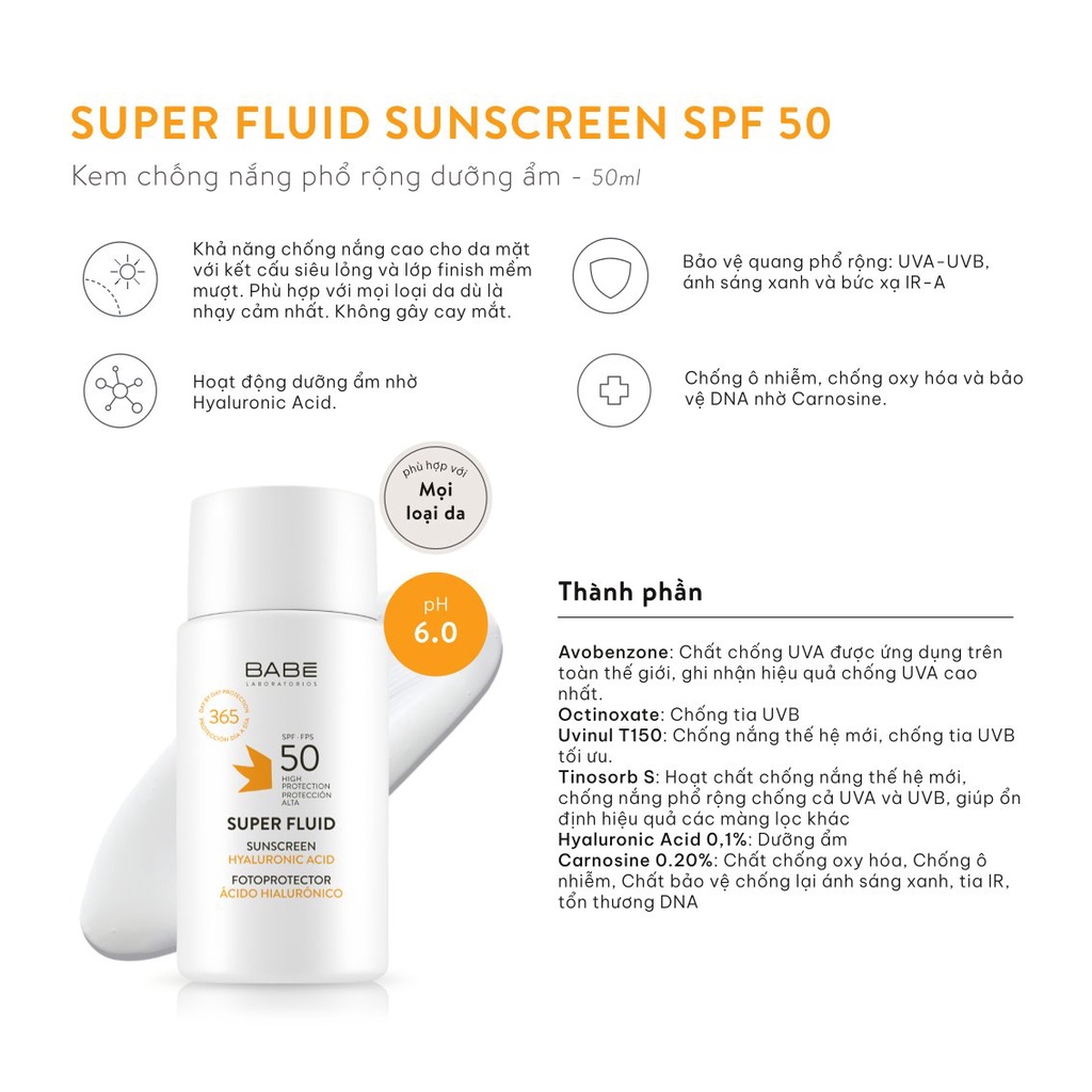 HÀNG NHẬP KHẨU - Kem chống nắng BABÉ Super Fluid Sunscreen SPF50 phổ rộng cho mọi loại da Babe 50ml