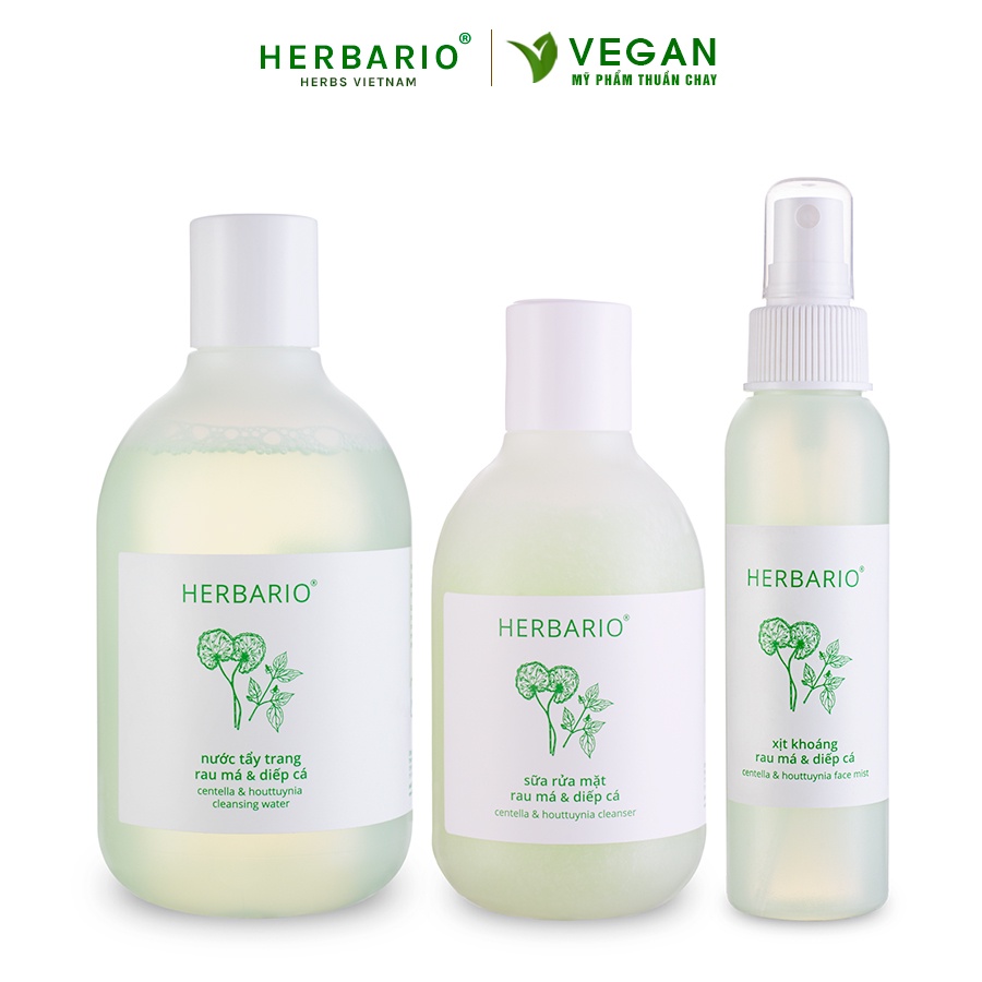 Bộ 3 rau má và diếp cá Herbario chăm sóc da mụn: Nước tẩy trang 300ml + Sữa rửa măt  200ml + Xịt khoáng 100ml