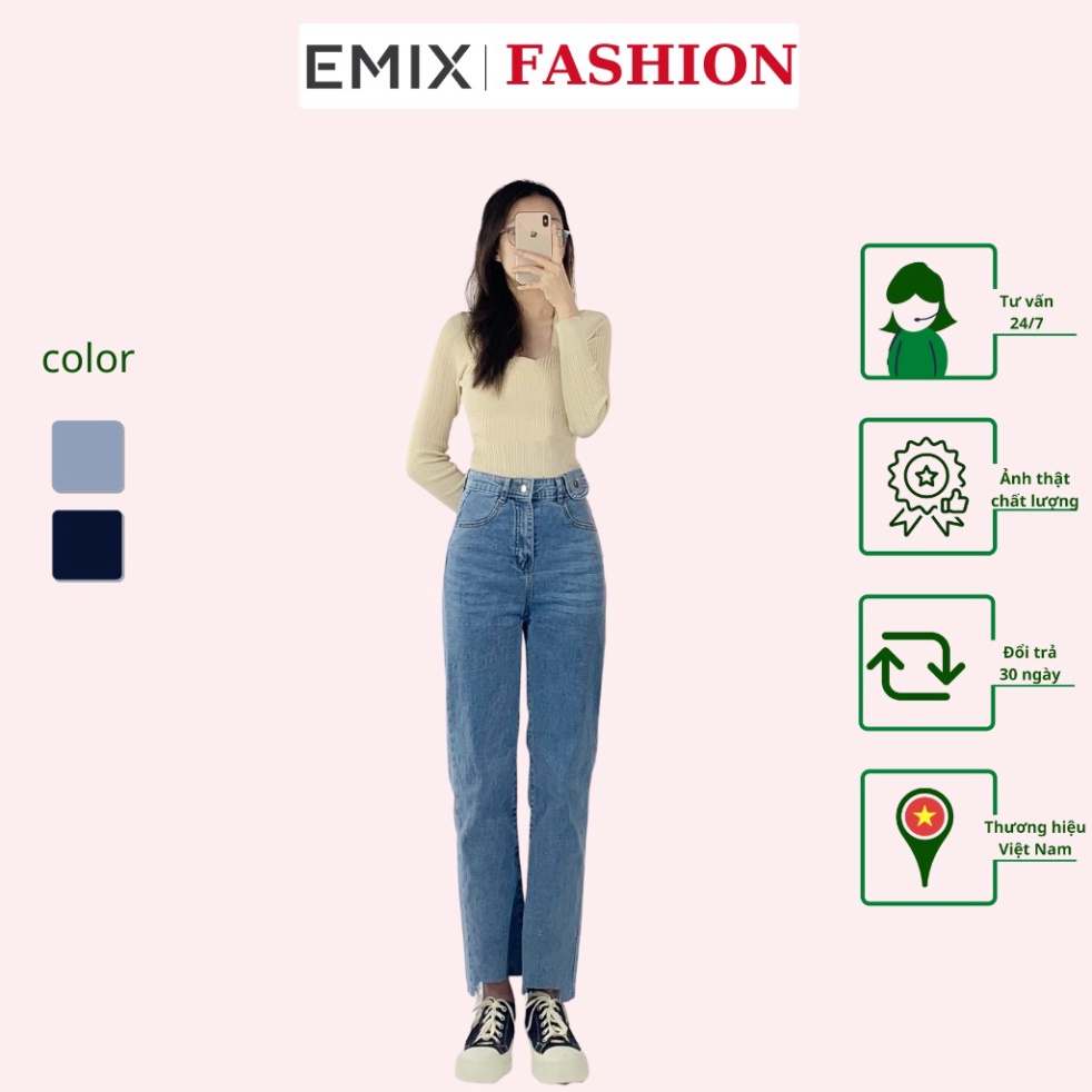 Quần jean suông basic EMIX (2 màu), dáng dài, cạp cao, ống suông rộng, có túi nắp, xéo chân, chất jean mềm nhẹ 1807