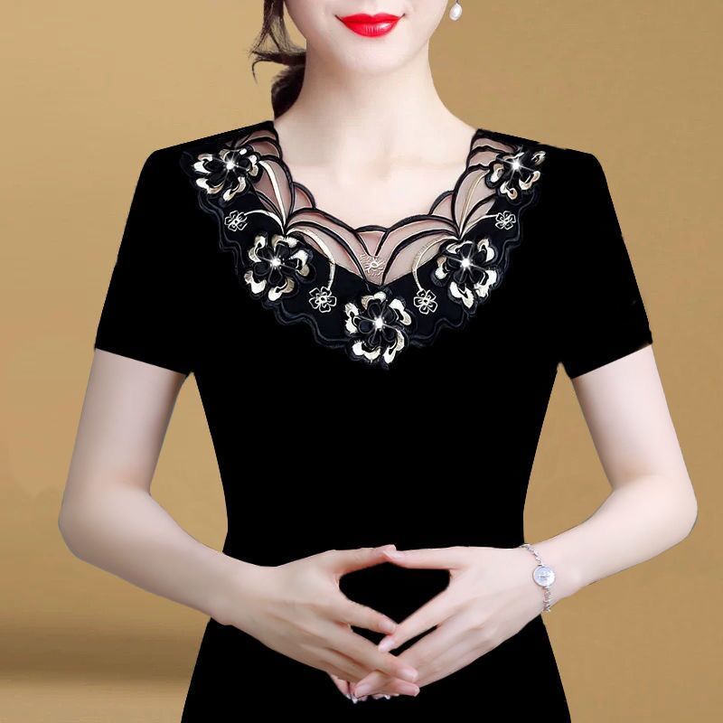 ❈☏Áo kiểu tay ngắn phối ren lưới khoét lỗ thanh lịch có size lớn cho phụ nữ trung niên