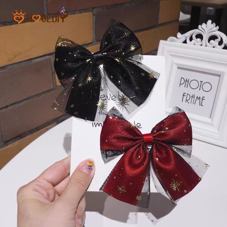 Kẹp tóc lưới đính nơ màu đen 2 lớp xinh xắn dành cho nữ