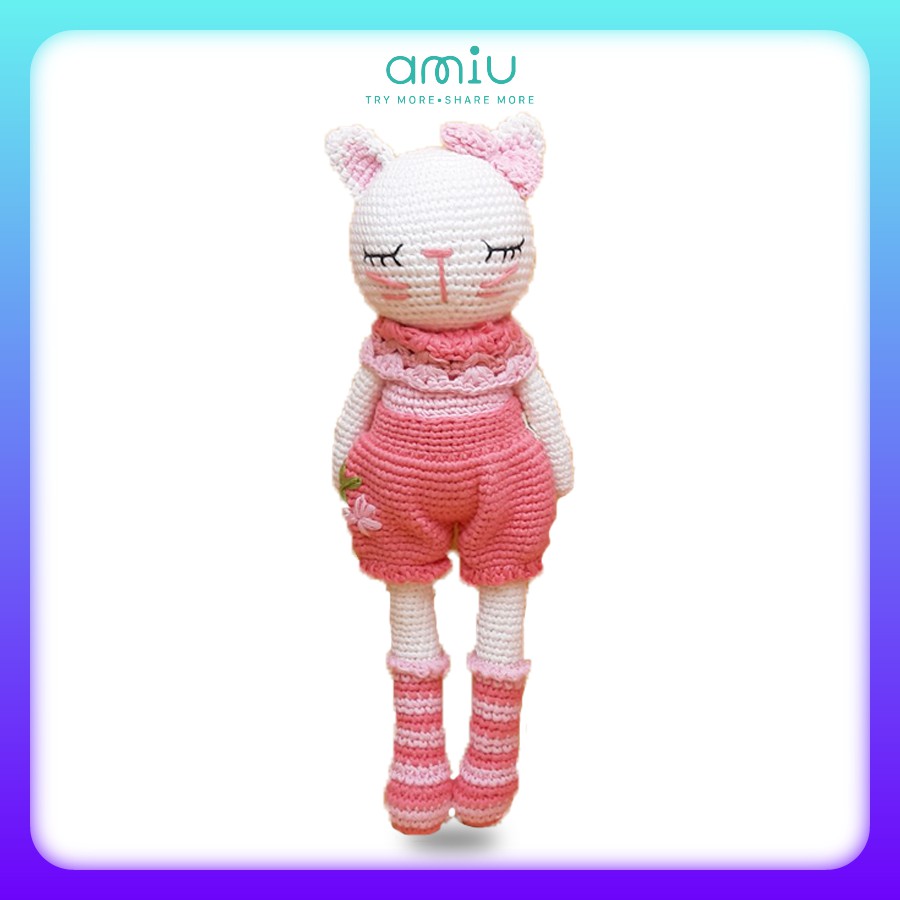 Gấu bông móc len Amigurumi cao cấp Amiu Việt Nam - Mèo Kitty chân dài màu hồng, đồ chơi nhồi bông mèo Kitty - SP000288